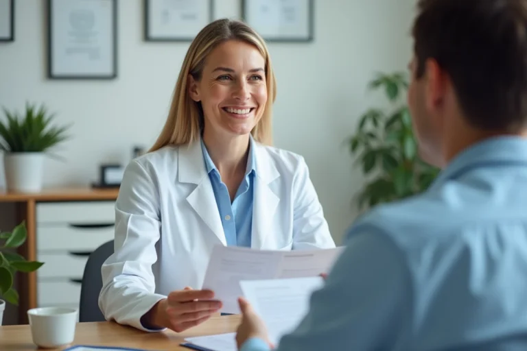 Médecin femme expliquant des ressources de santé à une patiente dans un cabinet médical