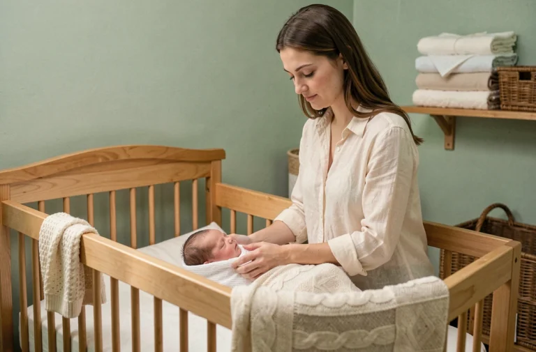 Jeune mère déposant son nouveau-né dans un berceau en bois dans une chambre de bébé décorée avec soin