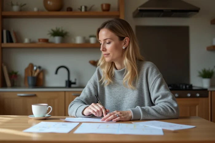 Mère de famille consultant des ressources et fiches de conseils pratiques à la table de la cuisine familiale