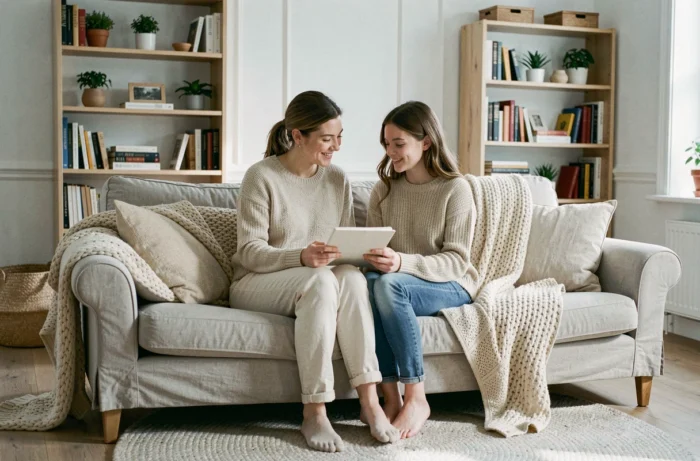 Mère et adolescente partageant un moment de complicité sur un canapé dans un salon au style scandinave épuré