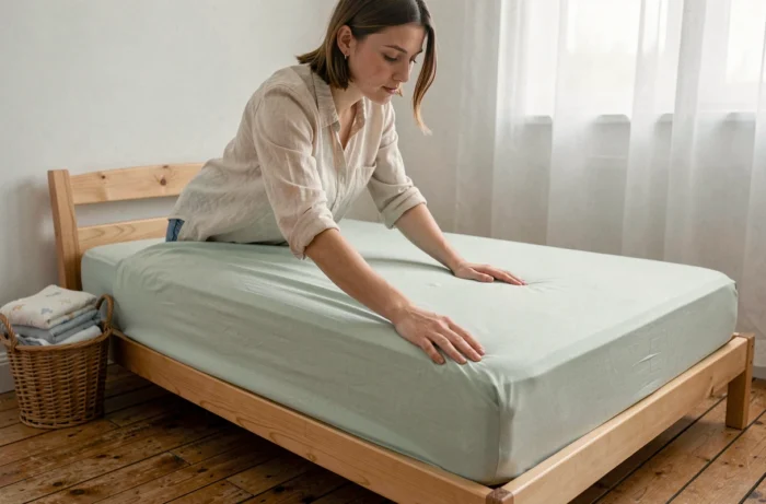 Jeune mère qui ajuste un drap housse en coton biologique vert sauge sur le lit de son bébé