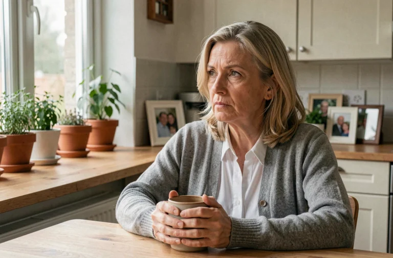 Mère d'âge mûr seule à sa table de cuisine, regard perdu dans le vague, illustrant la douleur du rejet par sa fille adulte