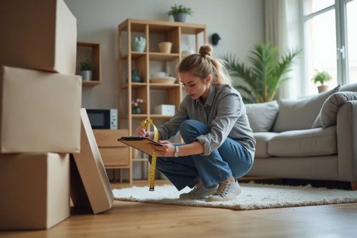 Une femme mesure le volume de ses meubles et affaires avec un mètre ruban avant de demander des devis de déménagement