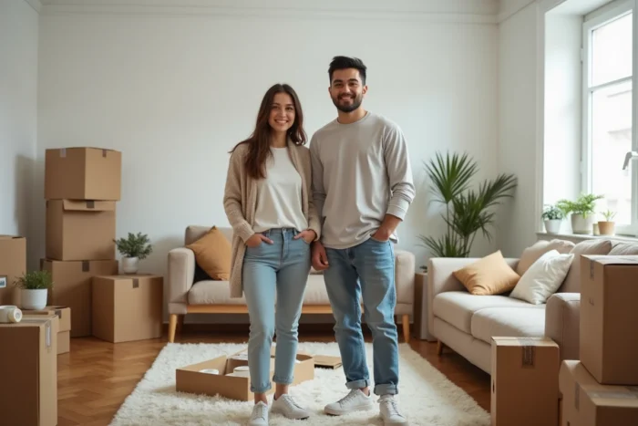 Un couple organise son déménagement dans un appartement rempli de cartons et de matériel d'emballage