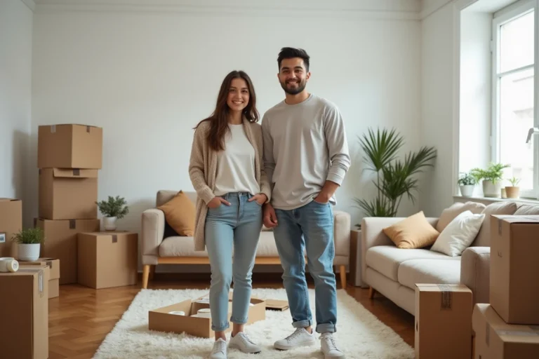 Un couple organise son déménagement dans un appartement rempli de cartons et de matériel d'emballage