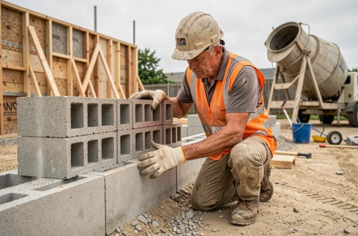 Ouvrier du bâtiment empilant des parpaings à bancher sur un mur en construction lors d'un chantier résidentiel