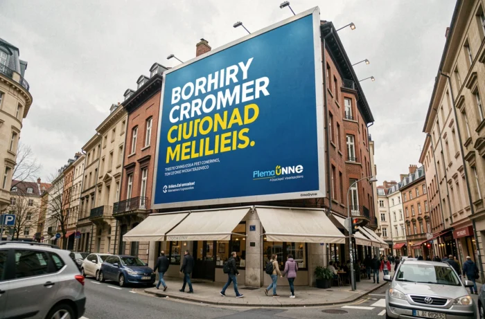 Grand panneau publicitaire urbain sur une rue commerçante animée avec des passants et des façades en briques
