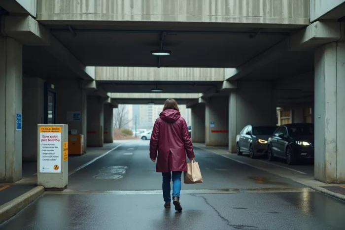 Entrée d'un parking couvert gratuit à Rennes avec signalétique de stationnement et femme marchant vers l'accès