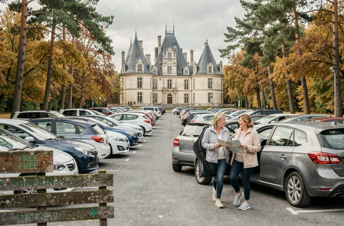 Parking gratuit du château de Chambord avec forêt environnante et visiteurs arrivant en voiture