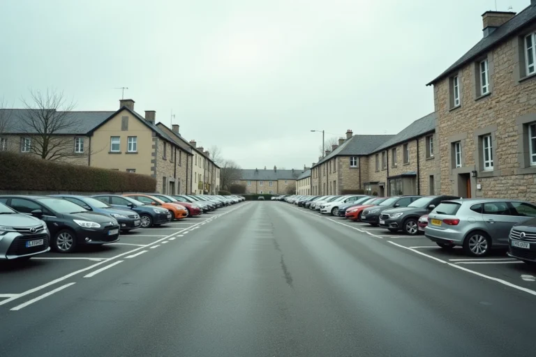 Parking gratuit en extérieur à Rennes avec rangées de voitures garées sur asphalte et bâtiments en pierre bretonne en arrière-plan