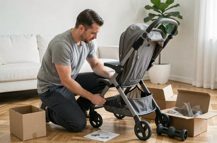 Vater montiert einen modernen kompakten Kinderwagen auf dem Parkett eines skandinavisch eingerichteten Wohnzimmers