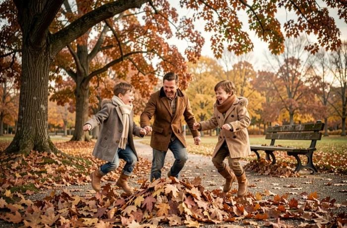 Père et enfants jouant dans les feuilles mortes dans un parc automnal coloré, scène de vie familiale en plein air