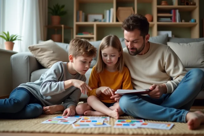 Père et enfants explorant ensemble des ressources éducatives et des fiches d'activités familiales dans le salon