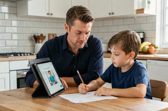 Father helping his son follow an online tutoring session on a tablet placed on the family kitchen table