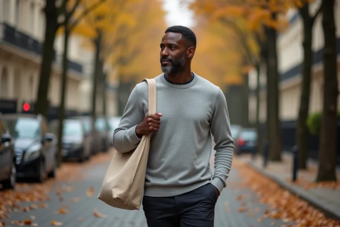 Homme élégant marchant dans une rue parisienne en automne, évoquant la discrétion et la vie privée d'une personnalité médiatique française
