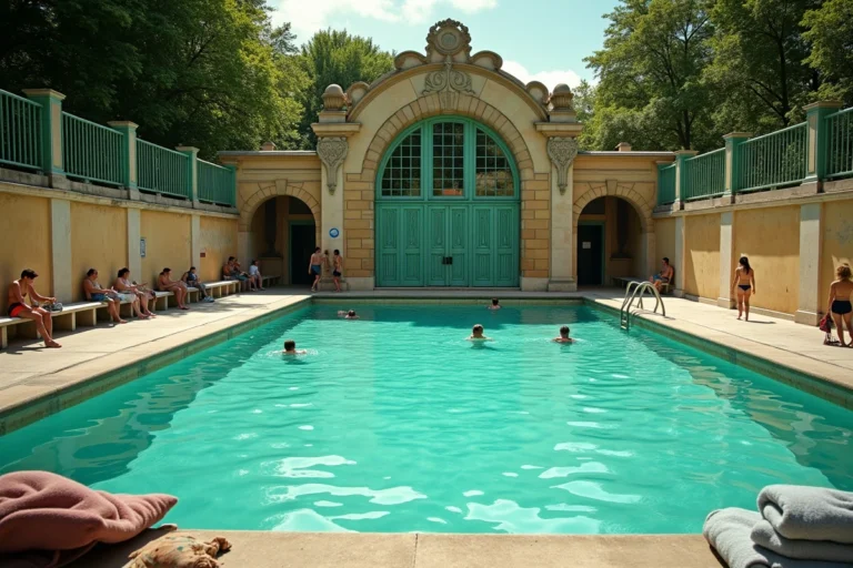 Vue extérieure de la piscine de la Butte aux Cailles à Paris avec baigneurs et façade art déco