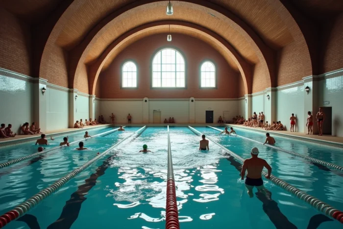 Intérieur de la grande salle de natation historique de la piscine Butte aux Cailles avec nageurs en couloirs