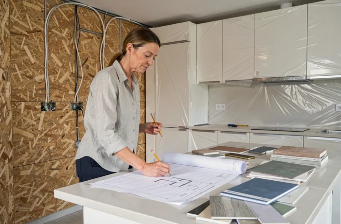 Femme architecte ou maître d'oeuvre consultant des plans de rénovation dans une cuisine en cours de travaux