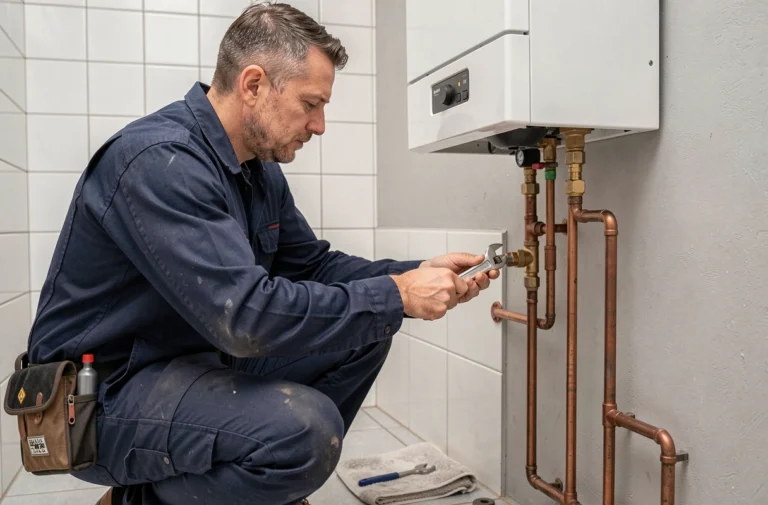 Plombier chauffagiste inspectant une chaudière murale dans une salle de bain bruxelloise