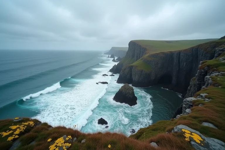 Falaises de granit de la Pointe du Raz en Bretagne avec l'océan Atlantique tumultueux et un ciel nuageux dramatique