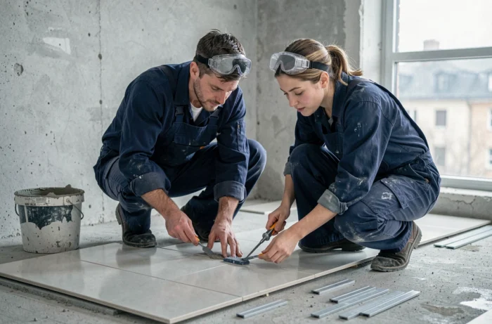 Deux artisans posant du carrelage grand format dans une salle de bain en cours de rénovation