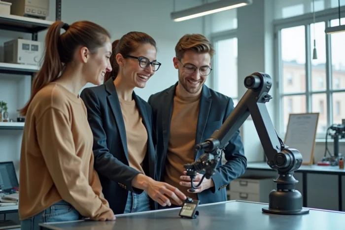 Groupe de jeunes professionnels découvrant un robot à intelligence artificielle en laboratoire, innovations technologiques 2024