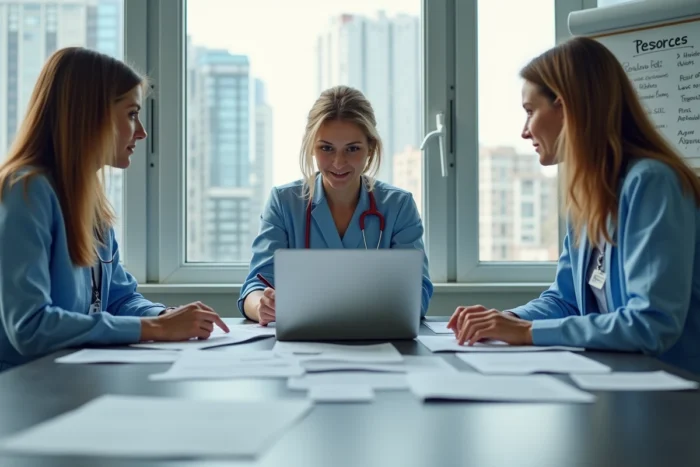 Professionnels de santé en formation autour de ressources médicales lors d'une réunion