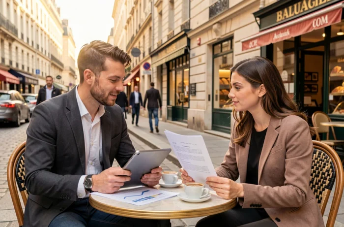 Deux jeunes professionnels français discutant d'actualités économiques en terrasse de café parisien avec tablette et documents