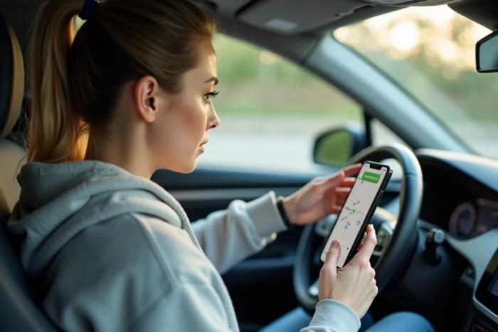 Femme dans une voiture réactivant le guidage vocal sur l'application Mappy depuis son smartphone fixé au tableau de bord