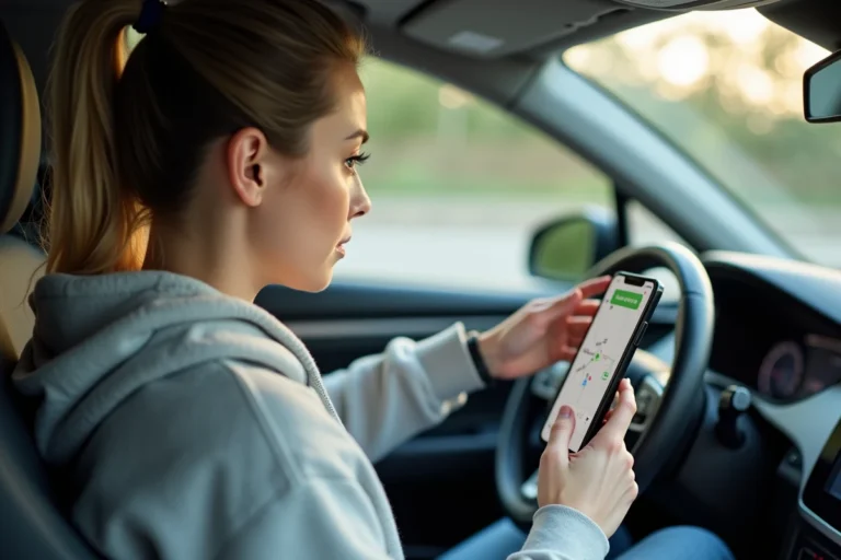 Femme dans une voiture réactivant le guidage vocal sur l'application Mappy depuis son smartphone fixé au tableau de bord