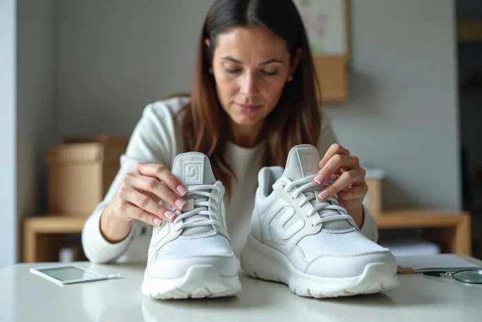 Femme examinant les détails de couture et le logo d'une chaussure Skechers authentique comparée à une contrefaçon