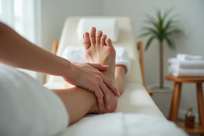 Gros plan sur une séance de réflexologie plantaire réalisée par une thérapeute dans une cabine de soin minimaliste