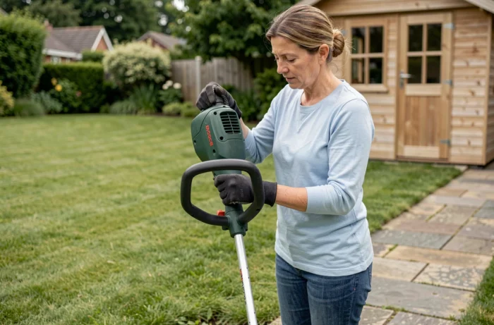 Vrouw die de kap van de spoel van een Bosch bosmaaier in de tuin monteert