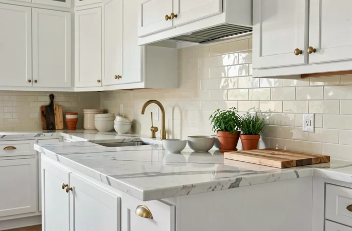 Renovierte Küche mit Calacatta-Marmorarbeitsplatte, weißen Schränken und goldenen Messingaccessoires