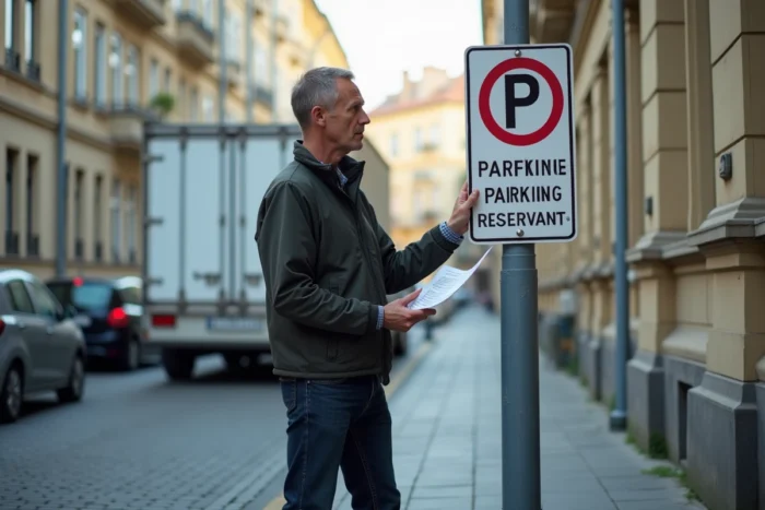 Un homme pose un panneau de réservation de stationnement officiel devant son nouveau logement pour le jour du déménagement