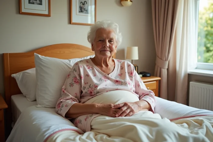 Résidente âgée assise dans son lit en EHPAD avec un sécuridrap, dans une chambre personnalisée et chaleureuse