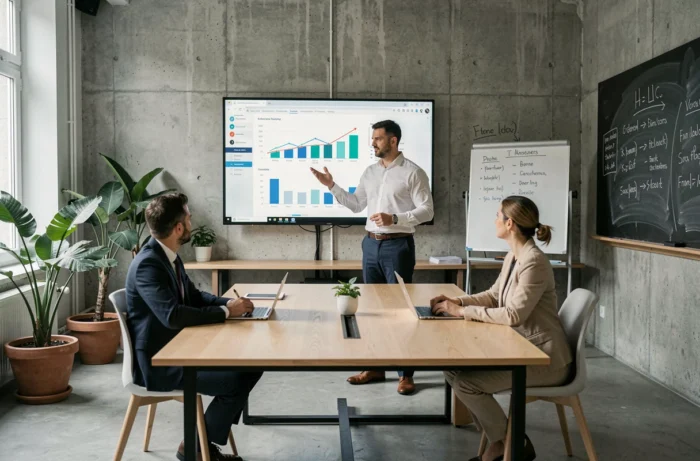 Entrepreneur présentant une stratégie d'entreprise à des collègues dans un espace de coworking moderne en France