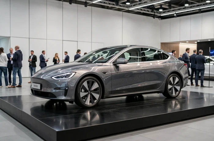 Voiture électrique moderne exposée lors d'un salon automobile international avec design épuré