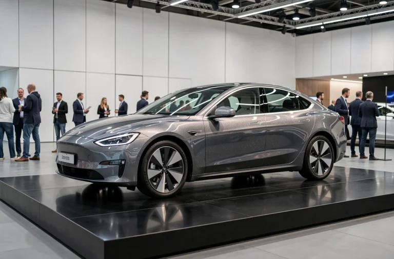 Voiture électrique moderne exposée lors d'un salon automobile international avec design épuré