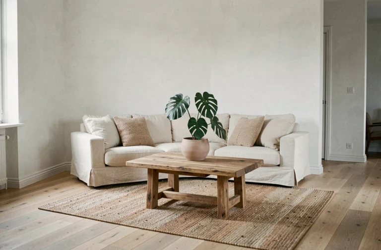 Salon minimaliste scandinave avec canapé en lin crème, table basse en chêne brut et plante monstera dans un pot en céramique mate