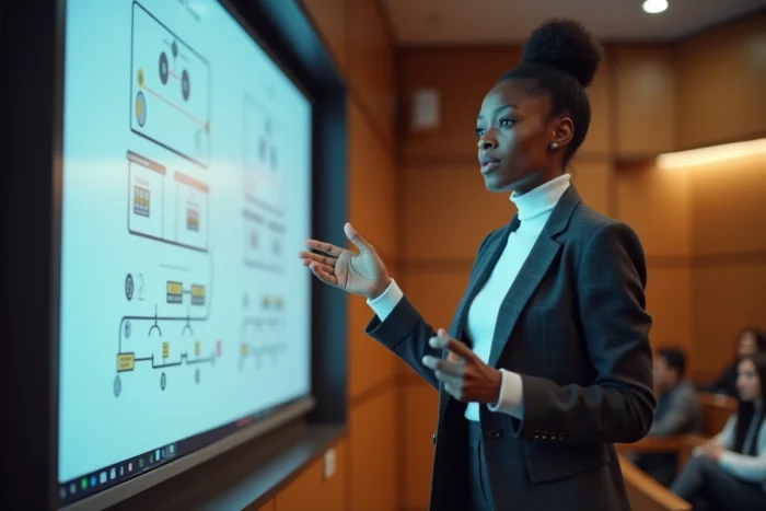 Scientifique spécialisée en intelligence artificielle présentant des algorithmes d'apprentissage automatique lors d'une conférence universitaire