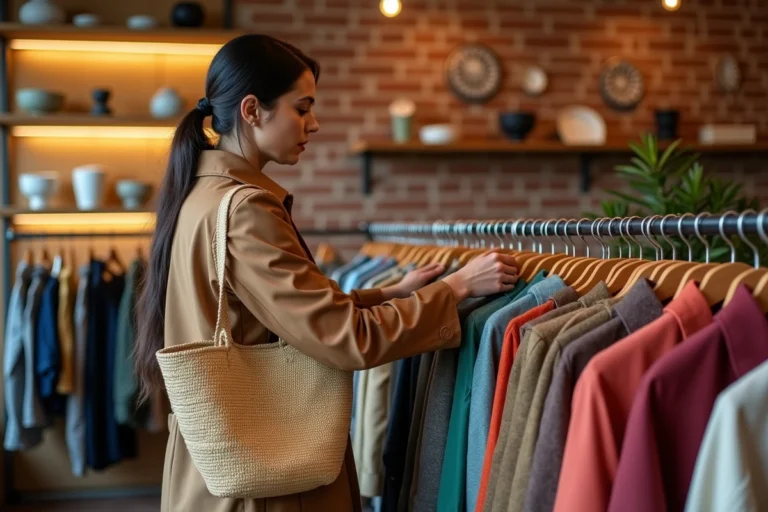 Femme élégante parcourant un portant de vêtements vintage dans une boutique concept tendance aux murs en briques