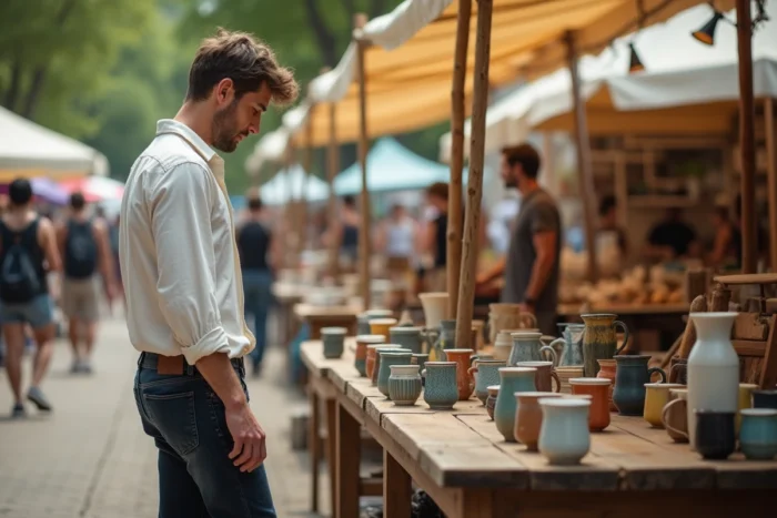 Jeune homme découvrant des trouvailles originales sur un marché aux puces en plein air le week-end