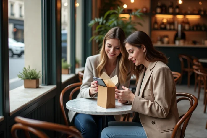 Deux femmes découvrant des idées shopping tendance sur smartphone dans un café parisien moderne