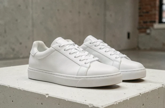 Paire de sneakers premium neuves posées sur une surface en béton blanc, vue en détail avec texture cuir visible