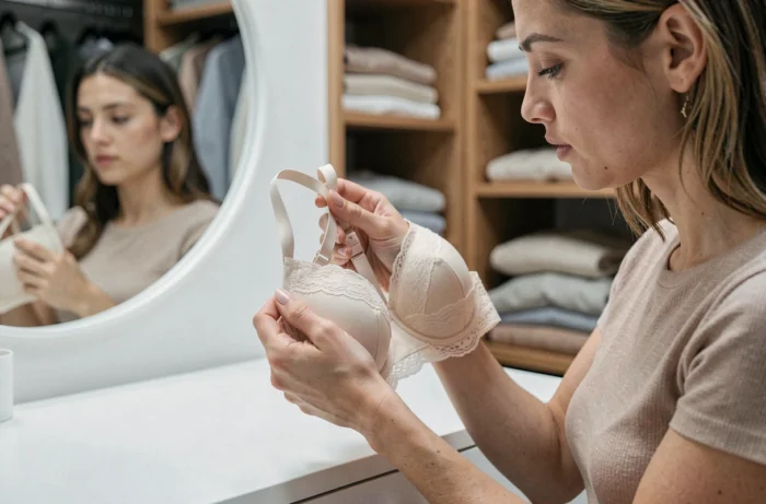 Femme inspectant la construction et le maintien d'un soutien-gorge Kollé Serré dans un dressing organisé