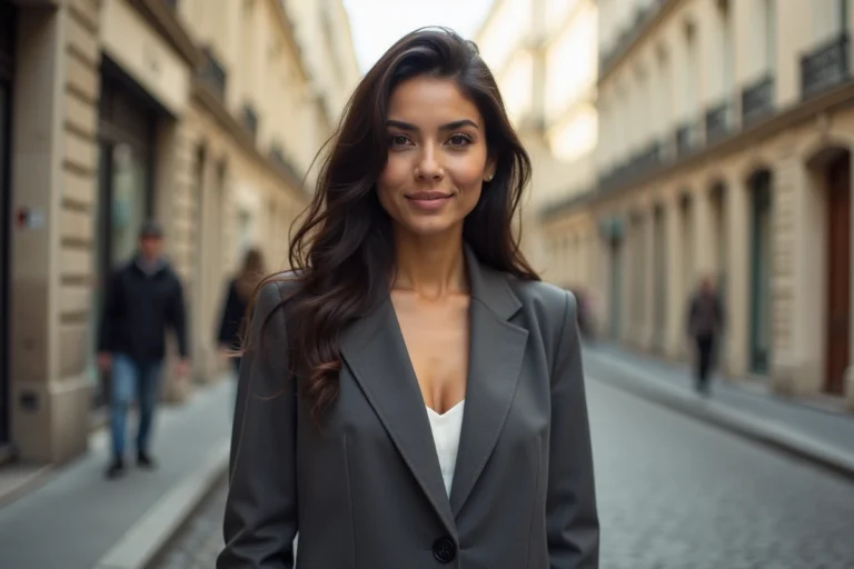 Actrice montante Stella Lelouch en blazer charbon dans une rue parisienne pavée, portrait éditorial