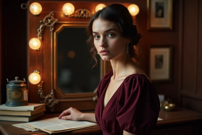 Jeune actrice en coulisses d'un théâtre, assise devant une coiffeuse vintage entourée de scripts et de miroirs