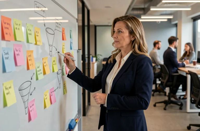 Professionnelle en réunion stratégique devant un tableau blanc avec des schémas de marketing et des notes colorées dans un bureau moderne