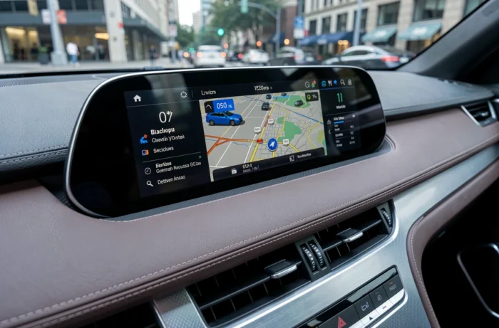 Tableau de bord connecté d'un SUV premium avec écran tactile affichant des données automobiles en temps réel